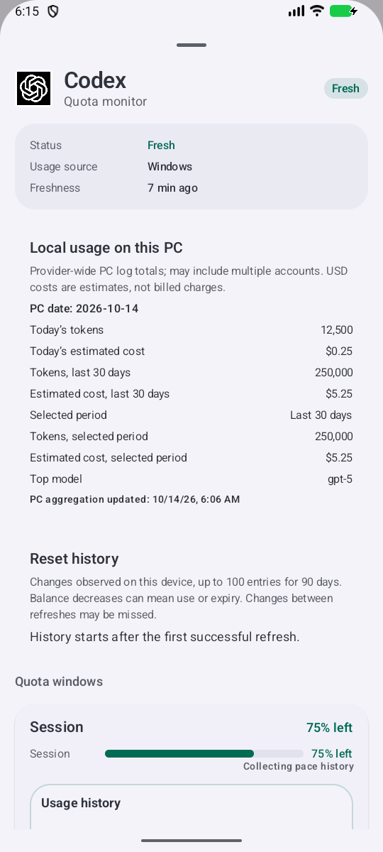 このPCのトークン数と推定費用を表示するAndroid画面